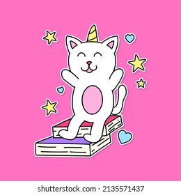 ILLUSTRATION OF A HAPPY CAT SITTING ON A STACK OF BOOKS, SLOGAN PRINT VECTOR
