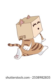 Ilustración de un gato feliz caminando usando una caja delante de él, aislado en un fondo blanco