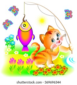 Illustration of happy cat which has caught the fish, vector cartoon image.