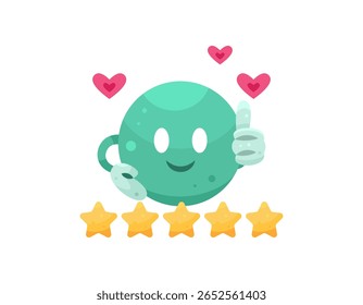 Uma ilustração de um personagem feliz dando um polegar para cima. Feliz por satisfação. Obtendo 5 estrelas. Experiência e feedback. O conceito de avaliações e classificações de clientes ou clientes. Estilo plano 