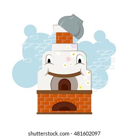 Illustration with happy and cheerful russian oven with a pot on the chimney. For kids and children.