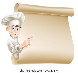 Illustration of a happy chef character pointing at a scroll maybe with a menu on it
