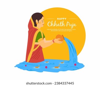 illustration of Happy Chhath Puja Holiday background Indian Women standing in water and worshipping God Sun festival of India