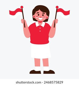 Illustration of a happy child in a red shirt and white skirt waving two Indonesia flags