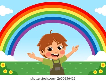 illustration of a happy child seeing a rainbow