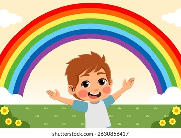 illustration of a happy child seeing a rainbow