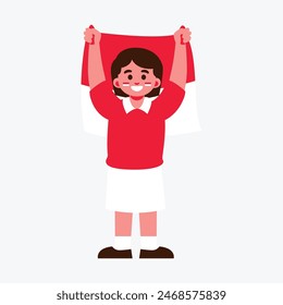 An illustration of a happy child waving a red and white Indonesia flag in celebration