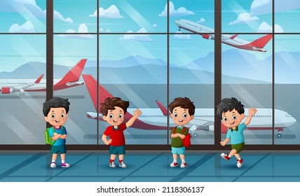 Illustration of happy children in airport terminal