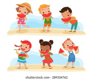 illustration of happy children enjoy eating watermelon