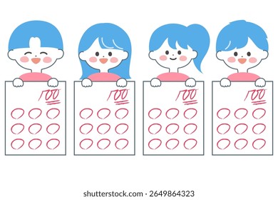 Ilustração de crianças felizes realizando um teste com uma pontuação perfeita de 100