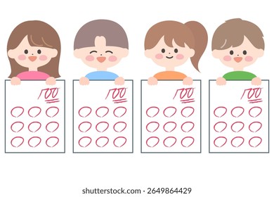 Ilustração de crianças felizes realizando um teste com uma pontuação perfeita de 100