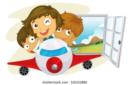 Illustration of the happy children riding on a jetplane on a white background