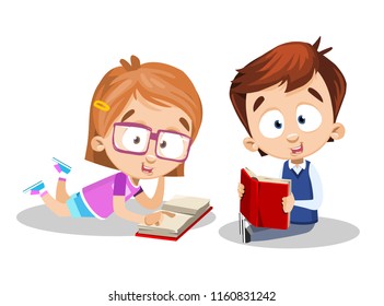 Illustration Happy Children Sitting While Reading Stock Vector (royalty 