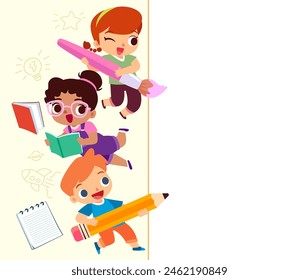 Illustration of happy children with stationery writing, reading, drawing beside blank space.