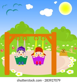 Illustration of happy children swinging on the play ground.