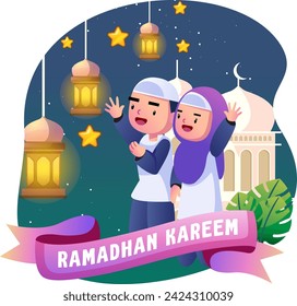 Illustration of happy children welcoming the month of Ramadan