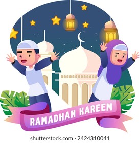 Illustration of happy children welcoming the month of Ramadan