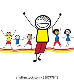 Illustration of happy children(kids)jumping & dancing together. The graphic shows smiling and happy little toddlers playing and enjoying each other's company.