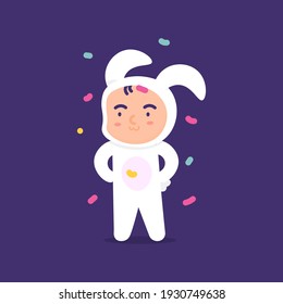 illustration of a happy child's expression, wearing a bunny costume. celebrating an easter day party or event. illustrations of cute and adorable people. flat style. vector design
