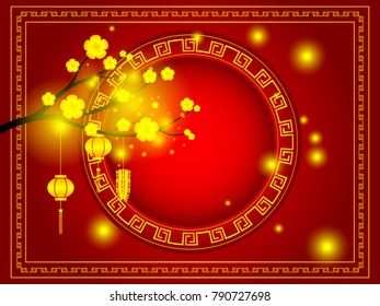 illustration of happy chinese new year golden cherry blossom on red background with copy space at center
