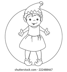 Illustration of happy Christmas Elf. B&W contour isolated.