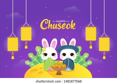 Illustration of Happy chuseok with couple cute rabbit sitting in the moon with lanterns