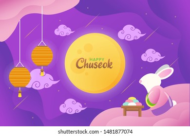 Illustration of Happy chuseok with cute rabbit staring to the moon with lanterns