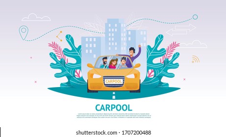 Illustration Happy Company People In Car, Carpool. Banner Vector Joint Train Company Friends. Travel From Point A To Point B. Yellow Car People Background Urban Landscape. Guy Leaned Out Car Window