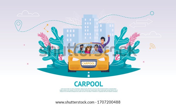Illustration Happy Company People in Car, Carpool.\
Banner Vector Joint Train Company Friends. Travel from Point A to\
Point B. Yellow Car People Background Urban Landscape. Guy Leaned\
Out Car Window