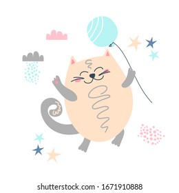 Illustration of a happy contented brown cat runs paws up with an inflatable ball with clouds and stars. scandinavian cat, scandy style. for design, baby prints, cards, congratulations, invitations
