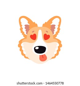 Illustration with happy Corgi dog in love. Cute childish design, kid background element for room birthday decor, baby shower invitation card, t-shirt print, positive emotions, badge