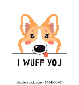 Illustration with happy Corgi dog peering out the white wall. Cute childish design, kid background element for room birthday decor, baby shower invitation card, t-shirt print, positive emotions, badge