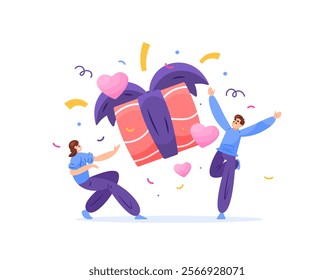 illustration of happy couple because get big gift. celebrating valentine day with couple. gift for beloved girlfriend. event, festival, party. flat style design. element