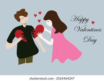 illustration of a happy couple holding half a heart on the occasion of Valentine's Day