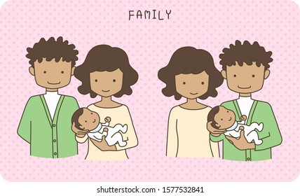 Illustration of a happy couple hugging a baby. Father also raises children. They are Latino.