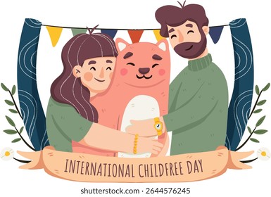 Illustration of Happy Couple Hugging Pet