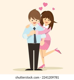 Illustration of happy couple with office clothes smiling and laughing together embracing and touching tenderly.
