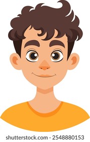 Ilustração de um menino feliz, de cabelos encaracolados