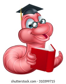 An illustration of a happy cute cartoon caterpillar worm mascot wearing glasses and graduation hat and reading a book 