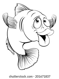 An illustration of a happy cute cartoon cod fish in black and white