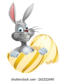 An illustration of a happy cute cartoon White Easter Bunny in Easter Egg