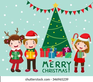 Illustration of happy cute kids with gift boxes near christmas tree