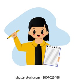 Illustration happy cute little kid, girl holding notebook and pencil