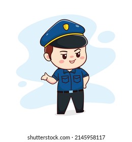 illustration of happy cute policeman kawaii chibi cartoon character design