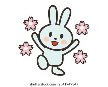 Illustration of a happy cute rabbit and cherry blossom petals