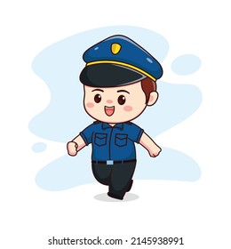 illustration of happy cute running policeman kawaii chibi cartoon character design