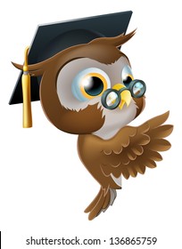 Illustration of a happy cute wise old owl leaning or peeking round a sign and pointing at it