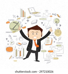 Illustration of a happy dancing businessman with various business infographic elements for your print, presentation and publication.