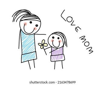 Illustration of happy Mother’s Day. Childlike drawing style.