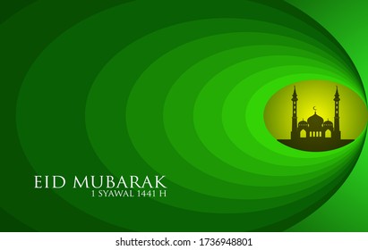 Illustration of Happy Day Eid Mubarak greeting card. With paper cut style gradient and mosque background